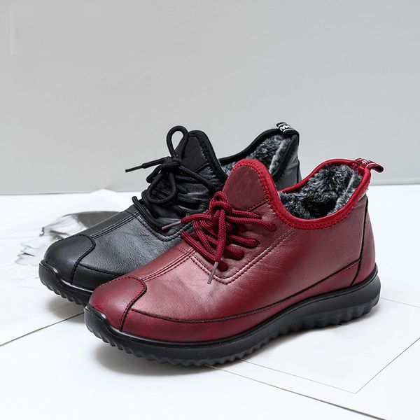 

women winter vulcanised sneakers woman pu cross lace up mom shoes female casual plush warm soft ladies flat women's footwear, Black