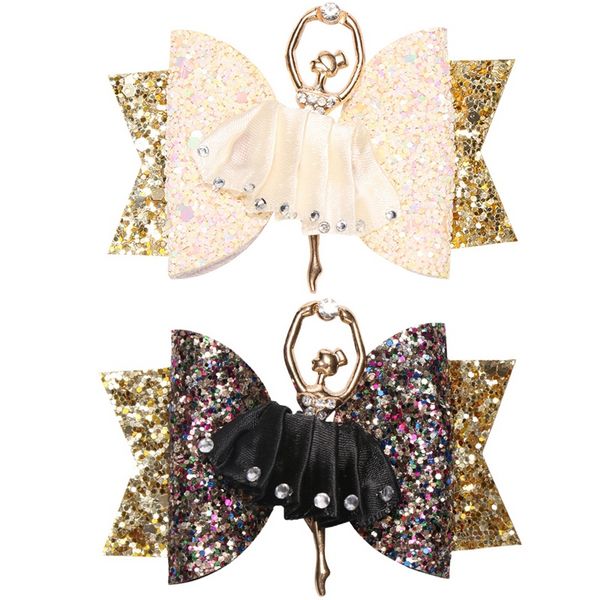

2 pcs rhinestone ballet girl hairpin bows with clips flash glitter leather hair pins sweet cartoon party headwear dance headdres, Golden;white