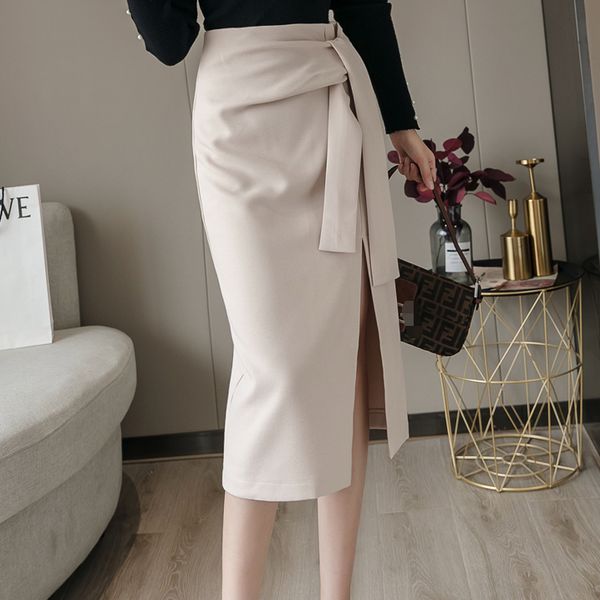 

waist knot high slit elegant black pencil skirt women high waist wrap skirt office ladies long midi skirts da357