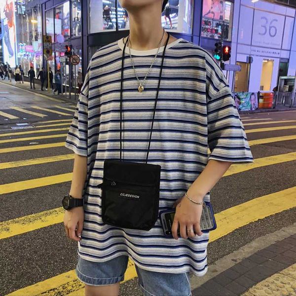 

summer striped t-shirt men's fashion casual cotton short-sleeved t shirt men streetwear wild loose hip hop tshirt mens s-3xl, White;black