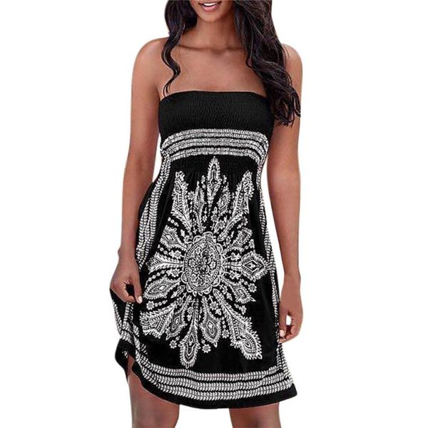 

jaycosin 2019 new summer women dress holiday strapless floral bohemian casual mini beachwear cover-ups sundress 9030520, Black;gray