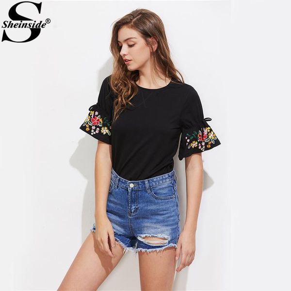 

spandex embroidery drawstring sleeve t-shirts vintage women cute boho black summer casual short sleeve lady t-shirt female quality, White