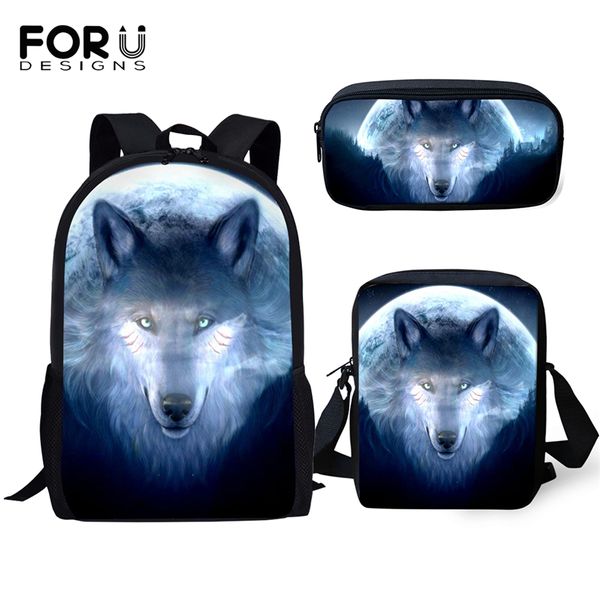 

forudesigns 3pcs set chirldren school backpack cartoon wolf printing pattern primary kids schoolbags/messenger bags/pen bags set