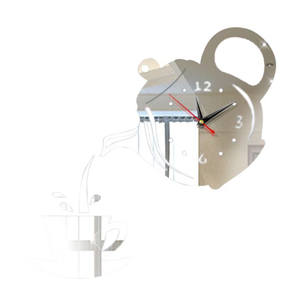 

living room home kitchen european style acrylic mirror durable mute 3d simple wall clock coffee teapot shaped diy easy install