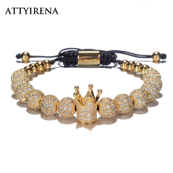 

новый циркон браслеты мужские ювелирные изделия cz imperial crown шарм 8мм micro pave cz круглый плетеный браслет макраме pulseira feminina, Golden;silver