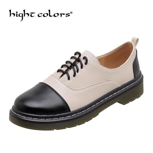 

spring autumn retro platform oxfords shoes woman large size women's british small leather shoes thick heel lace up brogue, Black