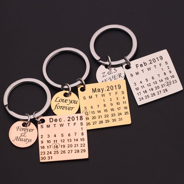 

personalized calendar keychain hand carved calendar highlighted with heart date keyring stainless steel private custom, Silver