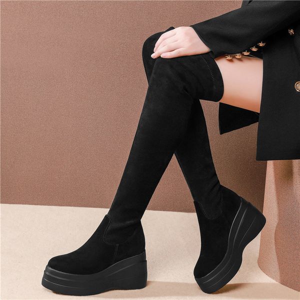 

women black genuine leather high heel stretch over the knee boots female slim leg punk goth sneakers wedges platform pumps shoes t200425