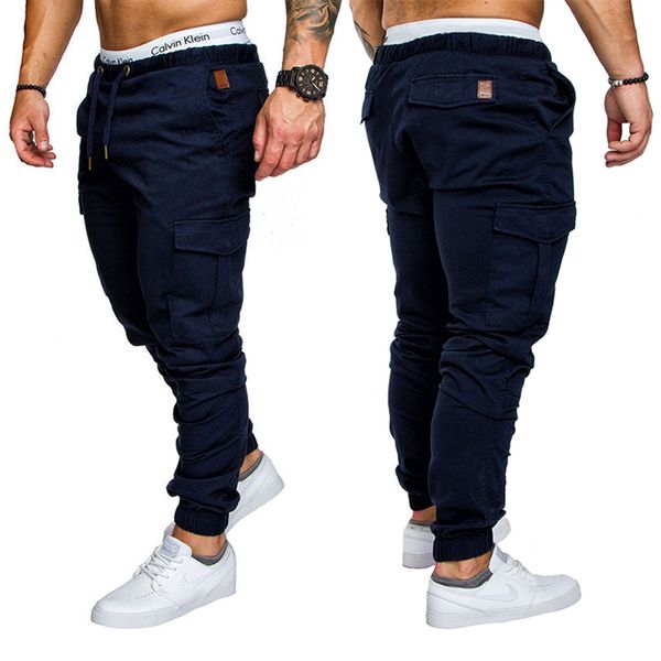 

2019 hip streetwear mens joggers multi-pocket pants elastic waist sweatpants brand trousers male overalls solid straight slacks, Black