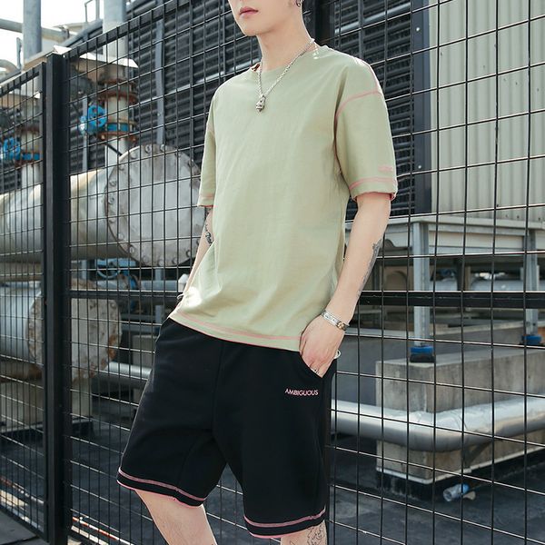 

2020 short-sleeved suit summer men's Korean loose round neck T-shirt five-point shorts men's sports casual suit Asian size 14 colors new