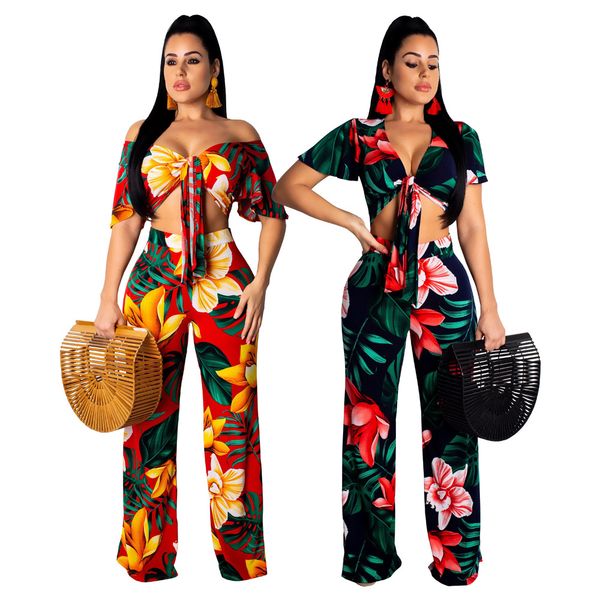 

women two piece sets printed clothes short sleeve corp and high waist long pants summer beach outfits, White