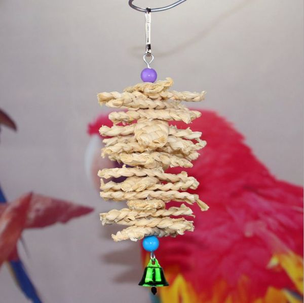 

bird parrot toy with bell natural wooden grass chewing bite hanging cage swing climb chew toys