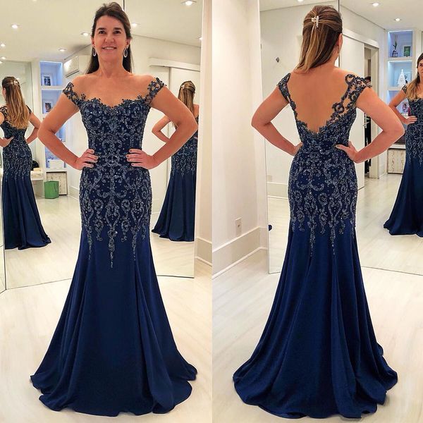 

sequin beaded long mermaid prom dresses 2019 dark navy off the shoulder backless evening gowns red carpet runway dress