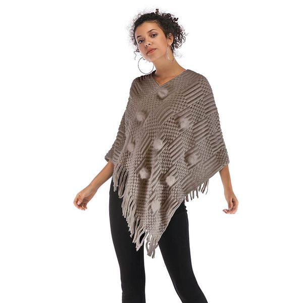 

women's shawl coats v-neck fur ball shawl cloak tassel irregular knitted jacket, Blue;gray