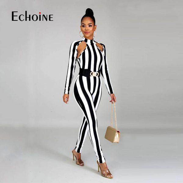 

women's jumpsuits & rompers striped bodycon jumpsuit women o neck female long sleeve cut out slim skinny playsuits fashion night club p, Black;white