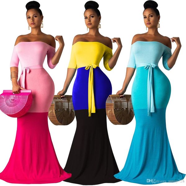 

2019 autumn women colors spliced slash neck half sleeves sash mermaid party dress + elegant sash floor length women dresses 3 styles, White;black
