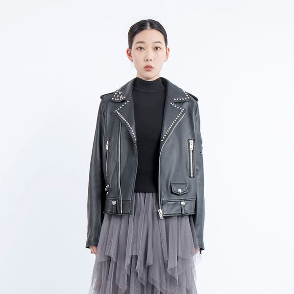 

women's leather & faux 2021 fashion autumn winter black genuine jacket women streetwear zipper basic coat turn-down collar biker