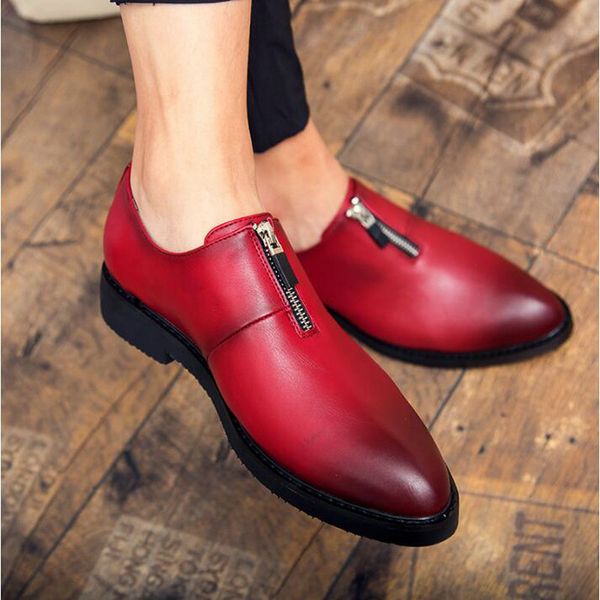 

new design men zipper pointed toe casual wedding party dress shoes male loafers gradine color formal shoes 553 yui, Black
