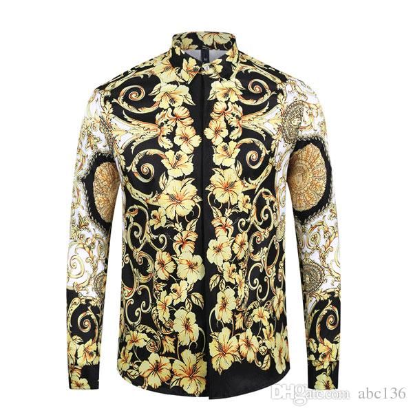 

fashion designer slim shirt men 3d medusa black gold floral print men's dress long-sleeved business casual shirt men's clothing, White;black