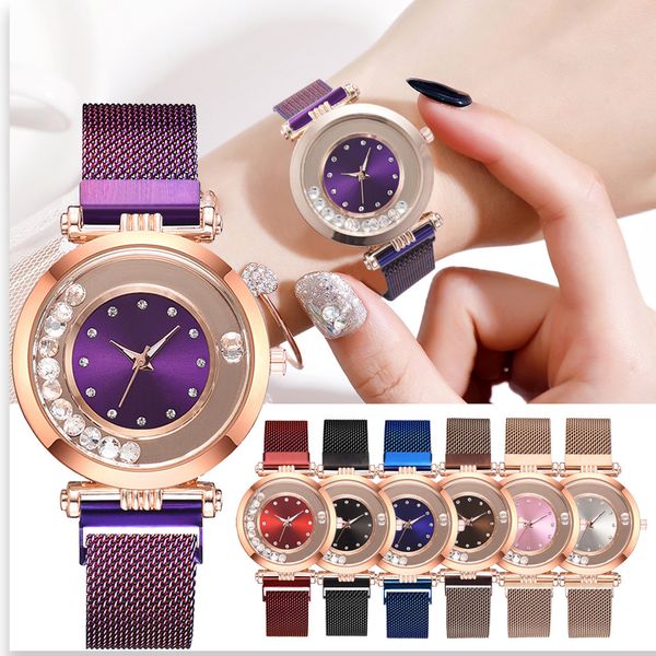 

2019 watch women fashion flow beads mosaic diamond watches quartz mesh belt magnetic buckle ladies wristwatch montre, Slivery;brown