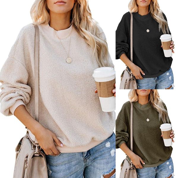 

casual winter women sweatshirt solid color fuzzy loose sweatshirt round neck long sleeve pullover for women clothings, Black