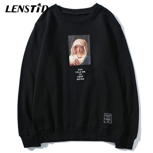 

lenstid autumn men hip hop virgin mary prayer printed pullovers harajuku streetwear cotton fashion casual sweatshirts tracksuits, Black