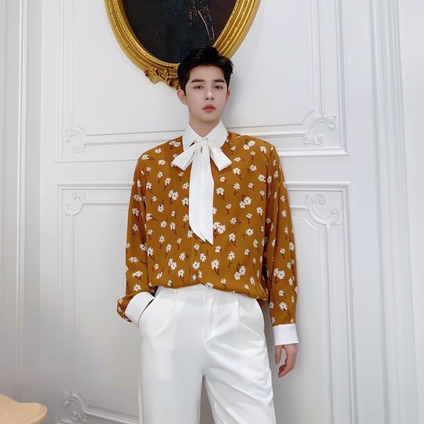 

men bow tie long sleeve vintage casual loose shirts japan korea style male flower print dress shirts stage clothes, White;black