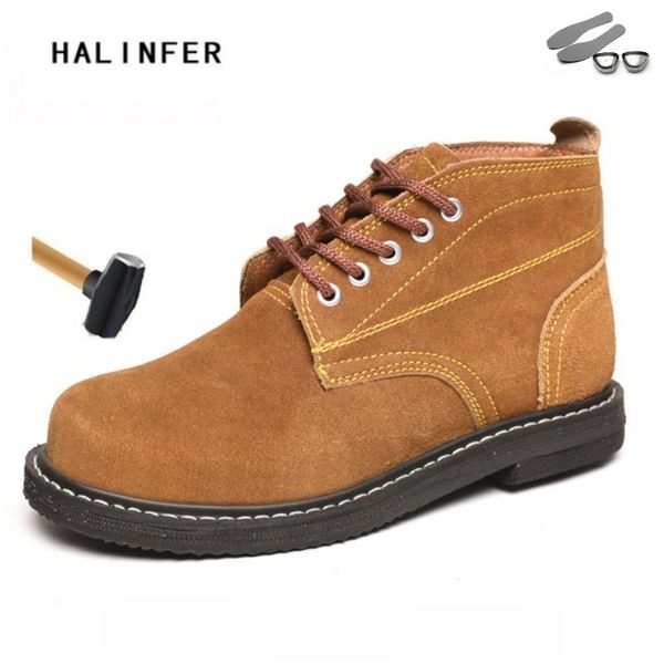 

halinfer men safety work shoes cow suede steel head breathable light puncture prevention for men's safety boots, Black