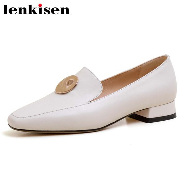 

lenkisen new limited big size genuine leather square toe low heel shoes women metal decorations young lady fashion pumps lmf2, Black