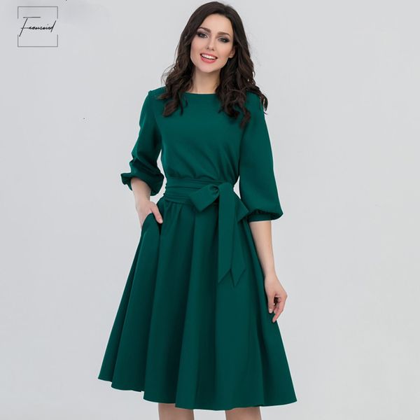 

women dress 2019 summer lantern sleeve a line elegant o neck half sleeve pocket sashes knee length dress, Black;gray