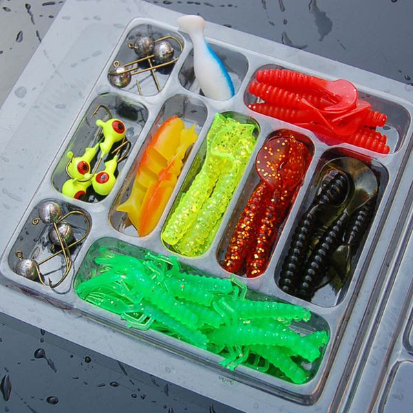 

35pcs soft worm fishing bait lure+10pcs lead jig head hooks combo set artificial fishing tackles sec88