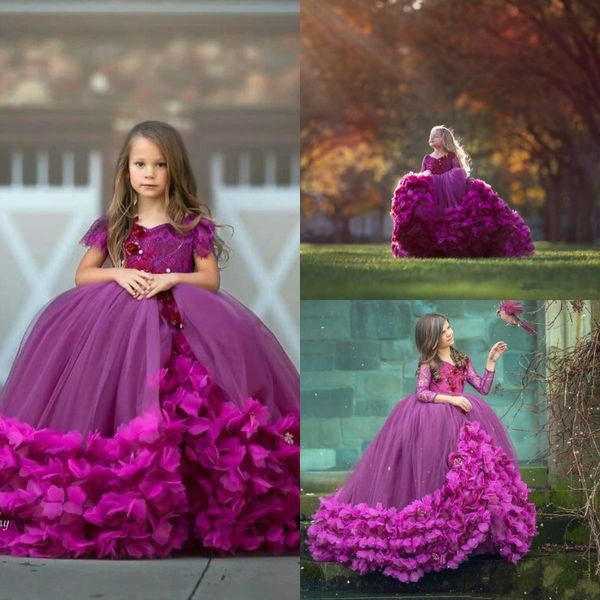 Lila Ballkleid Blumenmädchenkleider Juwelenausschnitt Kurze Ärmel Spitze Baby Kleinkind Erstkommunion Kleid Mädchen Pageant Party Kleider AL3760