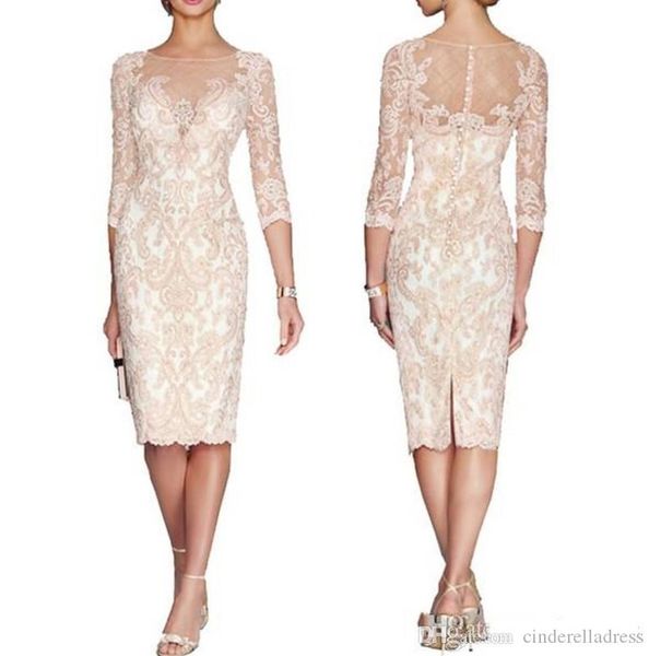 

2020 elegant sheath lace mother of the bride groom dresses plus size formal 3/4 sleeve knee length sheer neck applique wedding party dresses