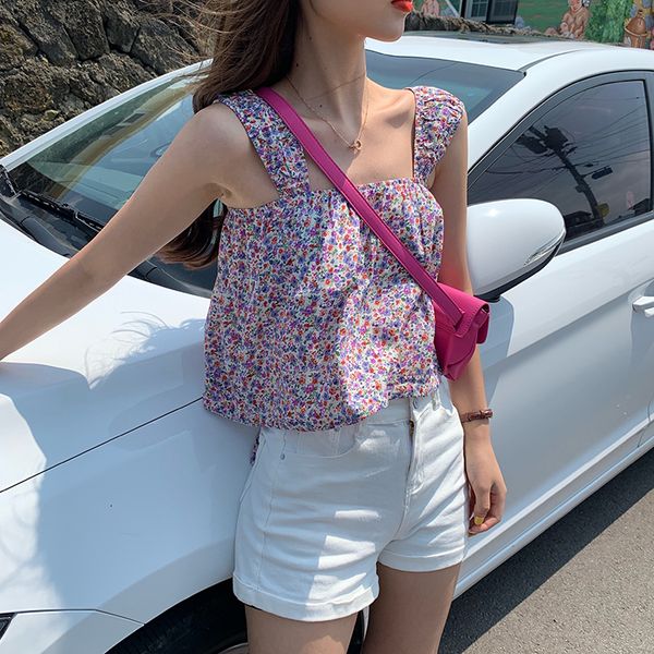 

summer korean version of the slim slimming small sling vest female wearing a floral square collar short paragraph heart top, White