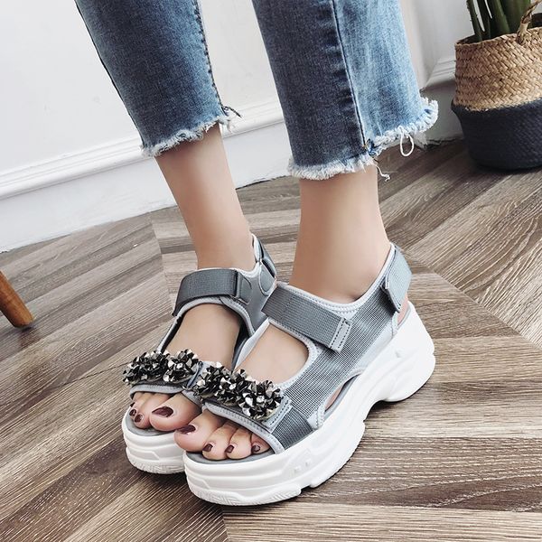 

metal flowers open toe sport sandals women summer shoes wedge hollow out women sandals outdoor platform shoes beach, Black