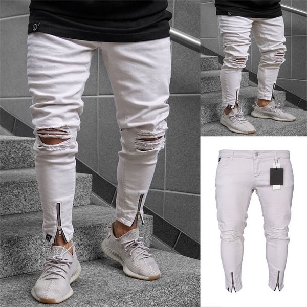 

2019 hi-street men knee ripped hole men white jeans streetwear skateboard straight pants man hip hop ankle zipper jeans, Blue