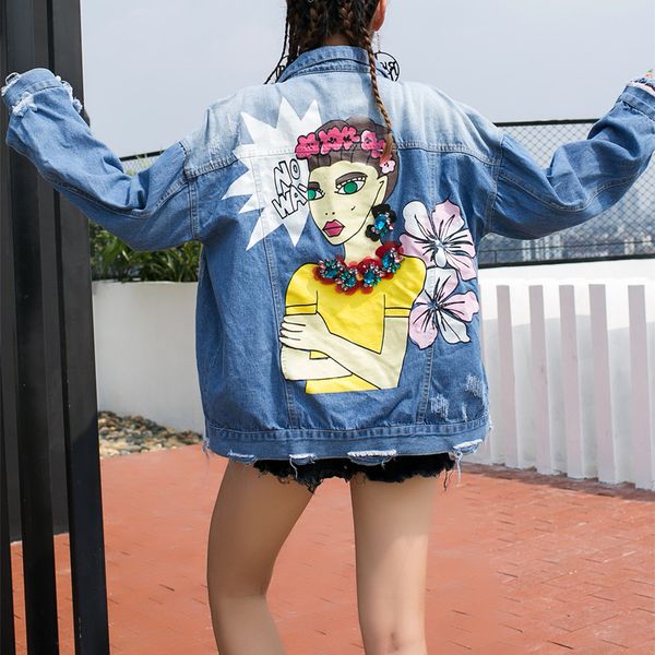 

mumuzi 2019 spring and autumn new jean coats heavy work diamond printed denim jacket female hole raw edge loose bf jacket female, Black;brown