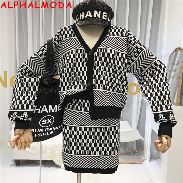 

alphalmoda retro geometric pattern v-collar loose cardigan + half skirt fashion two-piece knitting suit women fashion apparel, White