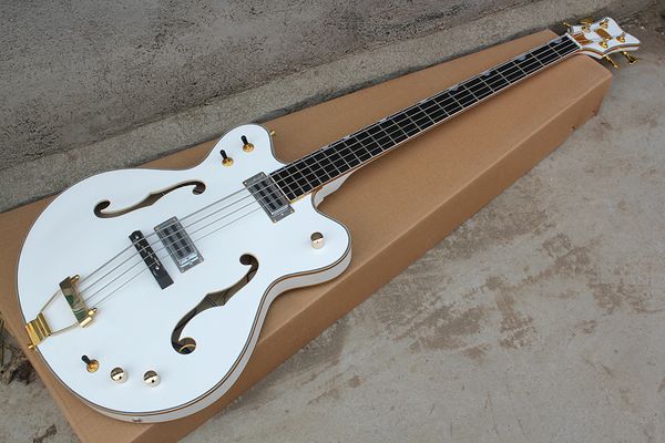 Заводская белая 4-струнная полуакустическая электрическая бас-гитара на заказ с золотым переплетом, грифом из палисандра, золотой фурнитурой, предложение по индивидуальному заказу