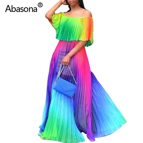 Abasona Hush Chiffon Damen Sommer Langes Strandkleid Boho Farbverlauf Tie Dye Print Großer Saum Schulterfrei Maxi Abend Partykleid Y19071101