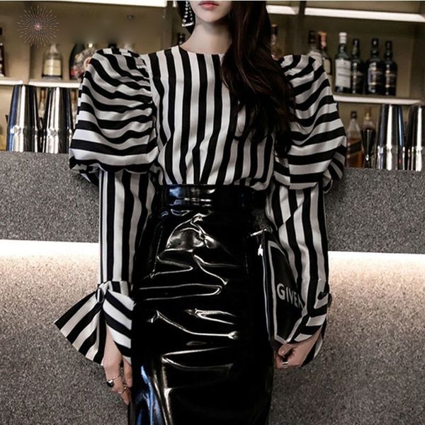 

striped shirts blouse clothes o neck lantern long sleeve vintage elegant female 2019 spring fashion women, White
