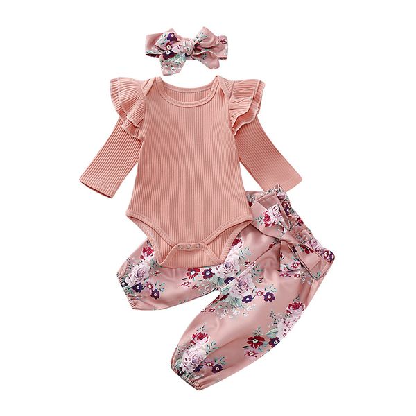 

newborn baby romper set infant girls solid knit lace long sleeve romper kids casual clothing set bow-tie little floral pants with headband, White