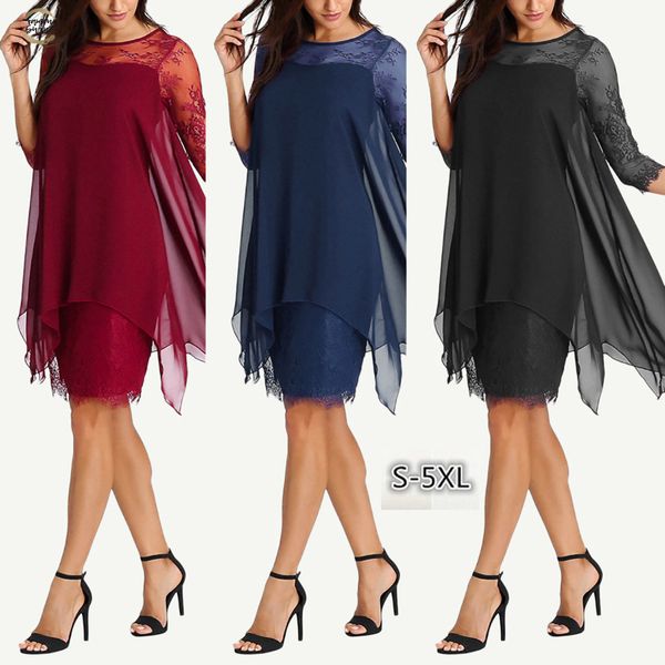 

women chiffon pencil lace dress new fashion chiffon overlay three quarter sleeve lace dress oversize s 5xl, Black;gray