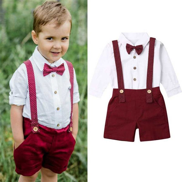 

fashion 2pcs toddler baby boy clothes set white single-breasted t-shirt +pants overalls outfits clothes gentleman sets