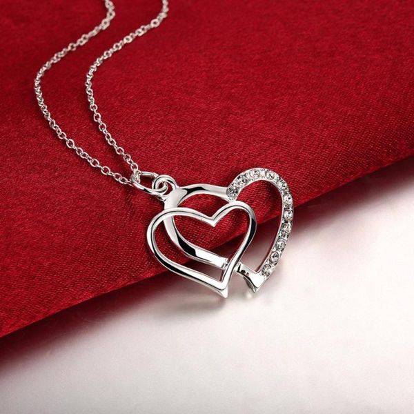 

925 stamped silver plated necklace double heart pendants necklaces 20" snake chain for women kolye choker