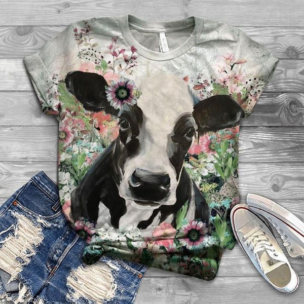 

feitong 3d cow print shirt women summer holiday casual shirts o-neck short sleeve casual tee shirt blouse large size, White