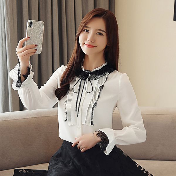 

2019 new spring women lace shirt fashion long sleeve crochet casual lace patchwork chiffon blouse ruffle lady shirt, White