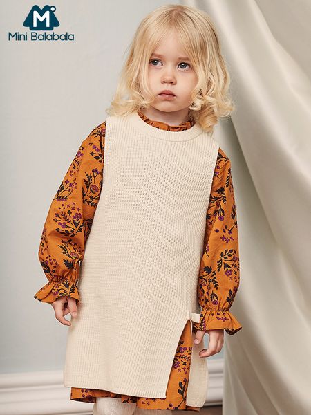 

mini balabala kids girls fine knit long vest with slits & bow tie sleeveless children toddler girls autumn clothes clothing, Blue