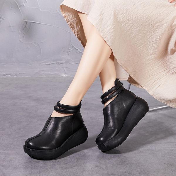 

sondr platform wedge genuine leather boots women booties shoes woman ethnic retro schoenen vrouw spring and autumn round toe bot, Black