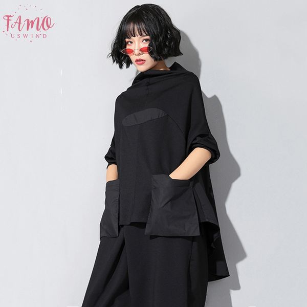

2019 new lent summer high collar long mouw black losse stitch irregular big size t shirt women fashion jq018, White